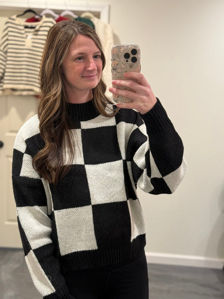 Checkered Mock Neck Sweater