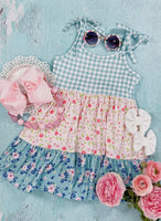 Sage Gingham Floral Girls’ Tiered Dress