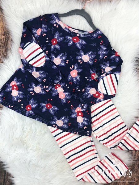 Holiday Floral and Stripe Pant Set